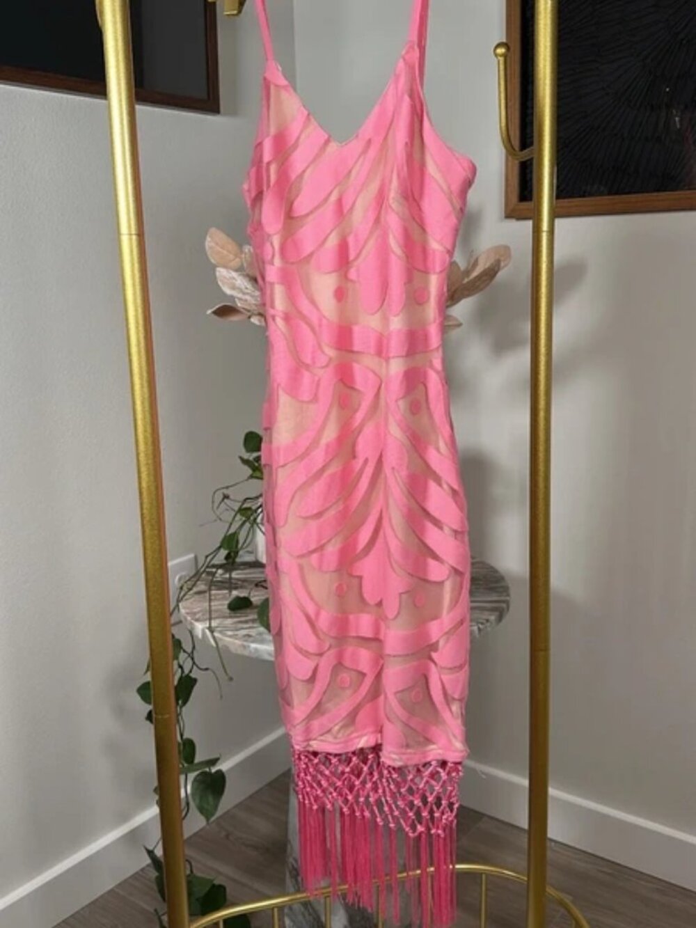 Revolve Pink Mesh Dress with Fringe Hem and Adjustable Straps